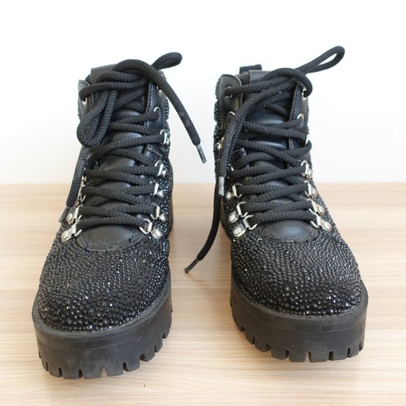 Steve Madden Shoes Leather 6 Boots Black Combat Chunky Lug Sole Studded Buzzer - Picture 6 of 16